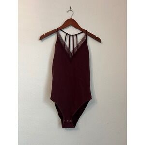 Abercrombie & Fitch Bodysuit Burgundy Lace Trim Halter Sleeveless Casual‎